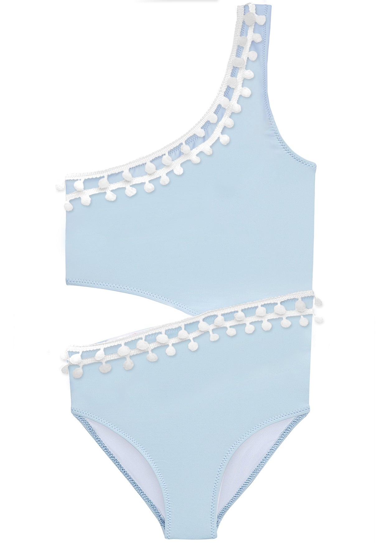 blue swimsuit for girls with pom poms, beachwear for girls