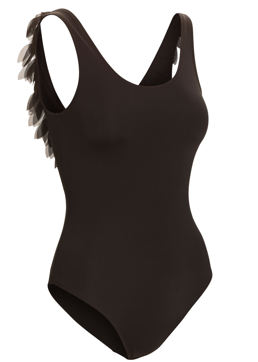 womens black bathing suit with petals